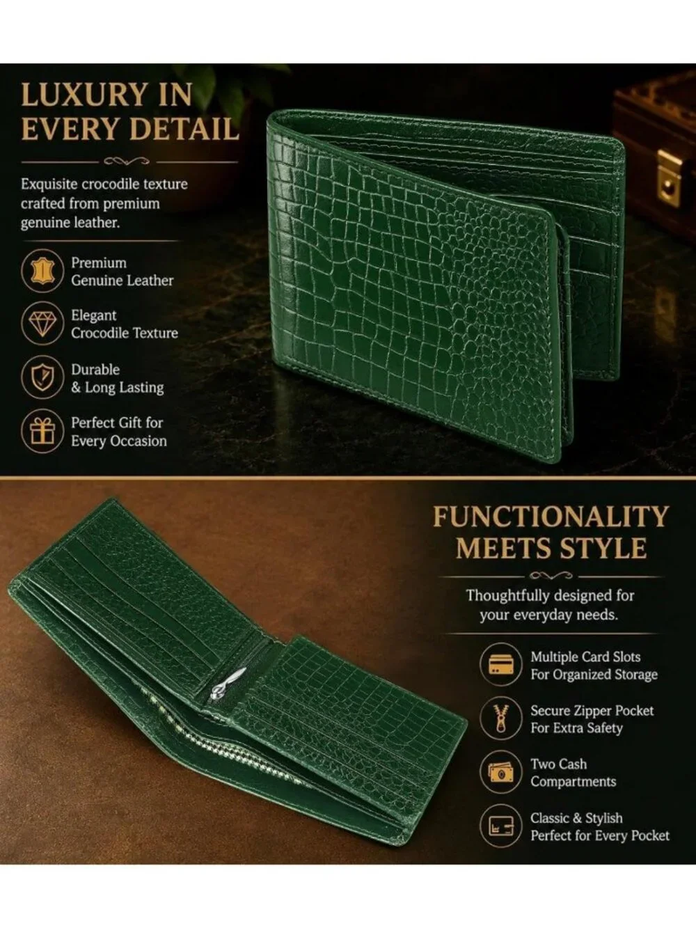 Genuine Leather RFID Blocking Bifold Wallet for Men - 9 Card Slots, Coin Pocket